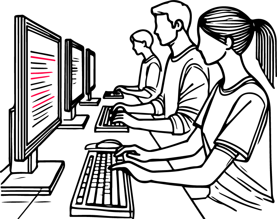 3 Personen sitzen nebeneinander und arbeiten am PC